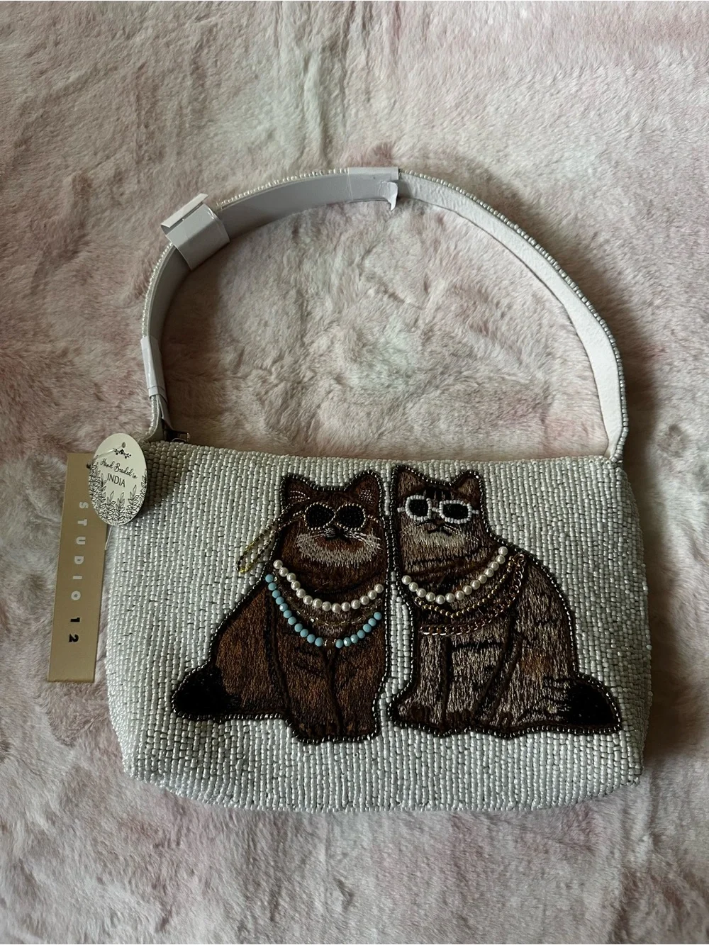 Beaded Cat Couple Embroidered Shoulder Purse Bag NWT